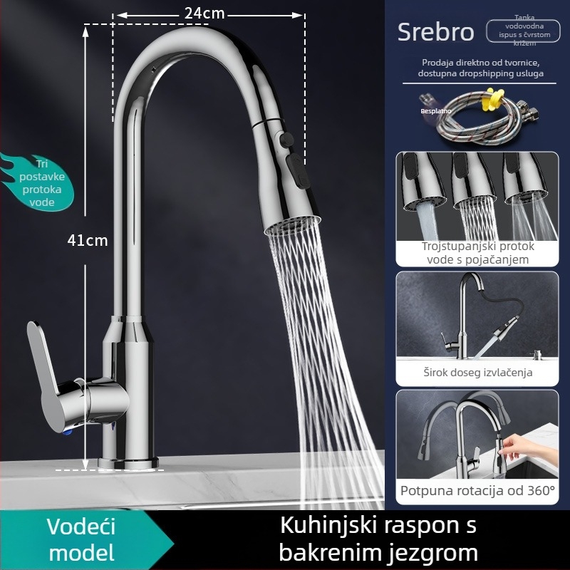 Kuhinjski slavinu L5 s povlačenjem, tijelo od cinkovog legura, keramički jezgreni ventil, nominalni tlak 1,0–6 kg, raspon temperature 5–80°C, ugradnja vijcima