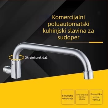 Slavina za kuhinju od nehrđajućeg čelika, zidna, izljev s mogućnošću okretišta, poluautomatika, za hotele i restorane