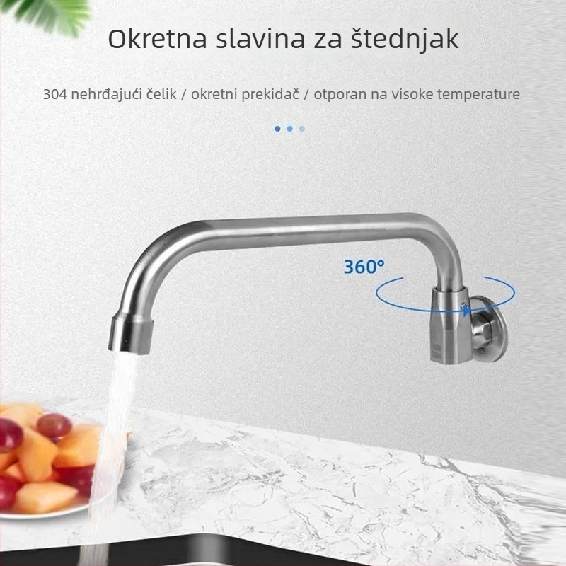 Slavina za kuhinju od nehrđajućeg čelika, zidna, izljev s mogućnošću okretišta, poluautomatika, za hotele i restorane