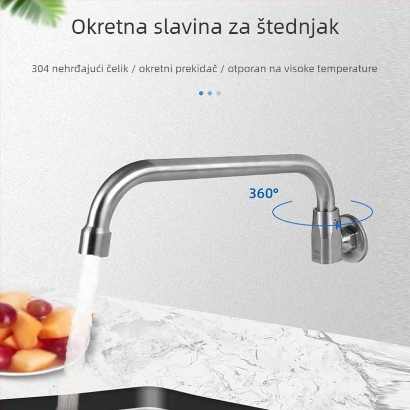 Slavina za kuhinju od nehrđajućeg čelika, zidna, izljev s mogućnošću okretišta, poluautomatika, za hotele i restorane