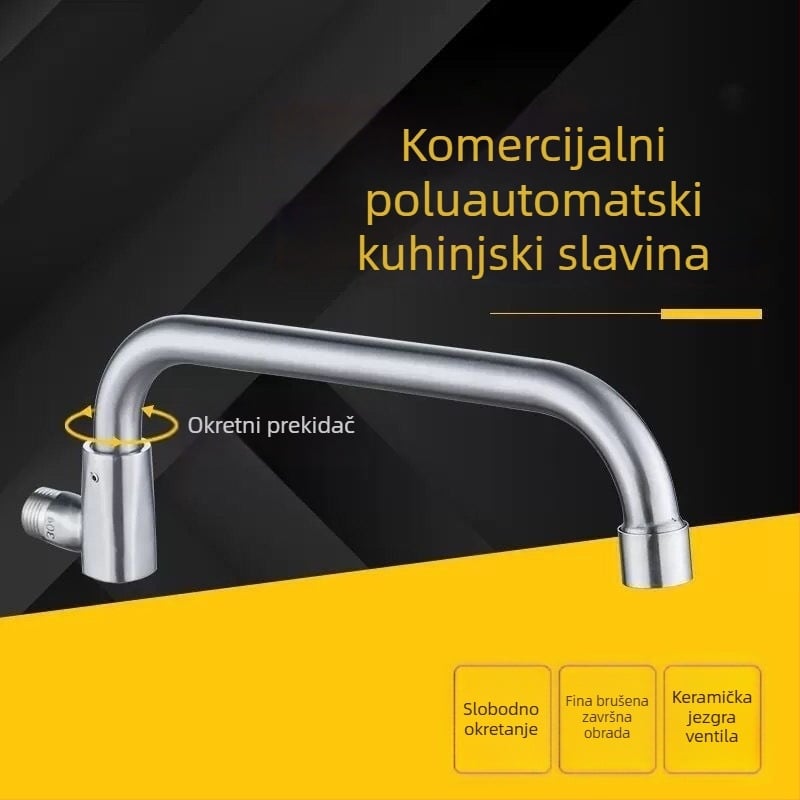 Slavina za kuhinju od nehrđajućeg čelika, zidna, izljev s mogućnošću okretišta, poluautomatika, za hotele i restorane