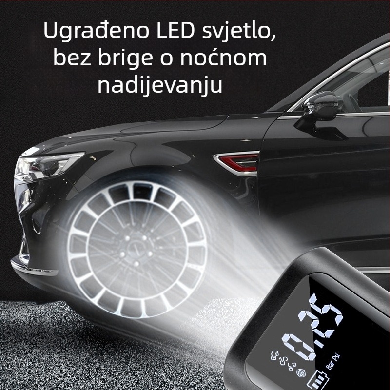 Prijenosna pumpa za zrak s digitalnim zaslonom — USB punjenje, 12V, 25 L/min, 100W, osvjetljenje i manometar