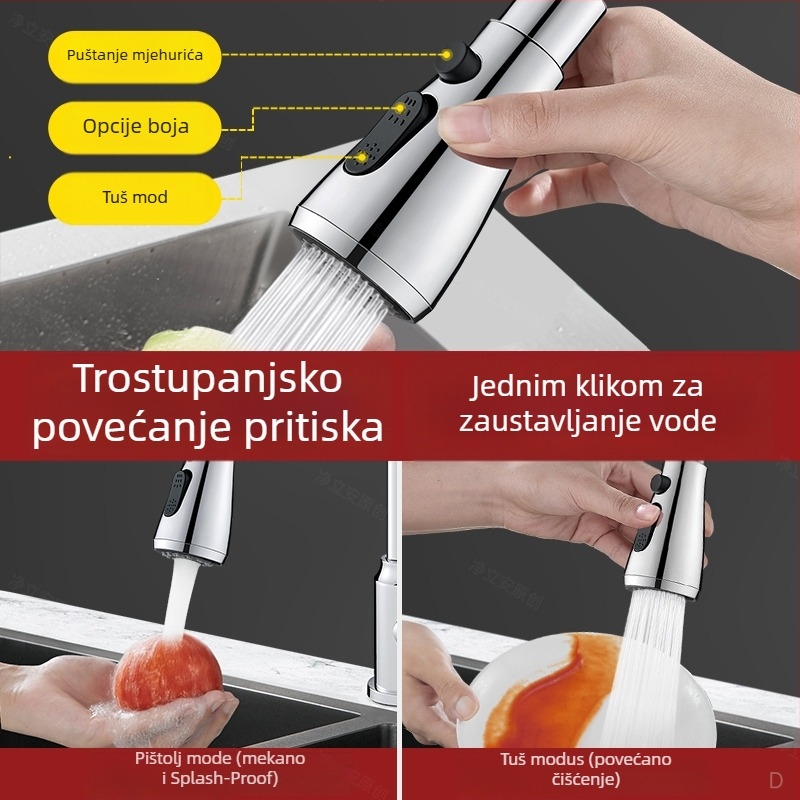 Univerzalna rotirajuća glava proširenja kuhinjske slavine s zaštitom od prskanja, vijčano priključivanje, bakrena jezgra ventila, elektroplirano završno