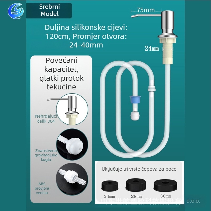 Dispenser za sapun s produženom cijevi za sudoperu, ručni pritisak; moderan minimalistički stil; marka World Airlines; materijal: nehrđajući čelik i ABS; obrada: opća.
