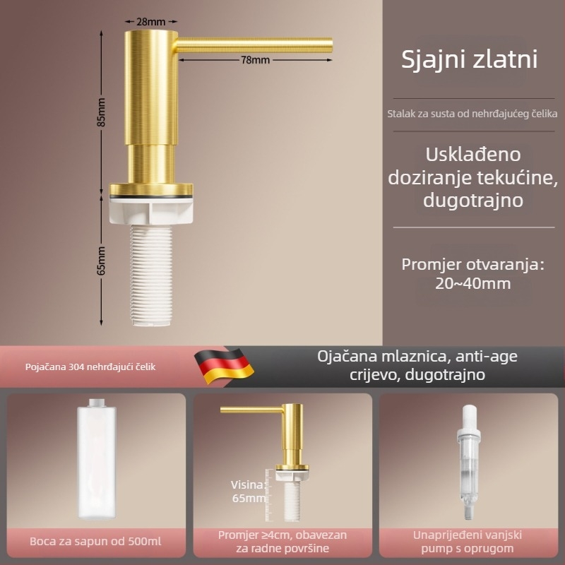 Latunski kuhinjski dozator sapuna s pumpom, brušeni završetak, moderni minimalistički stil, ručno upravljanje