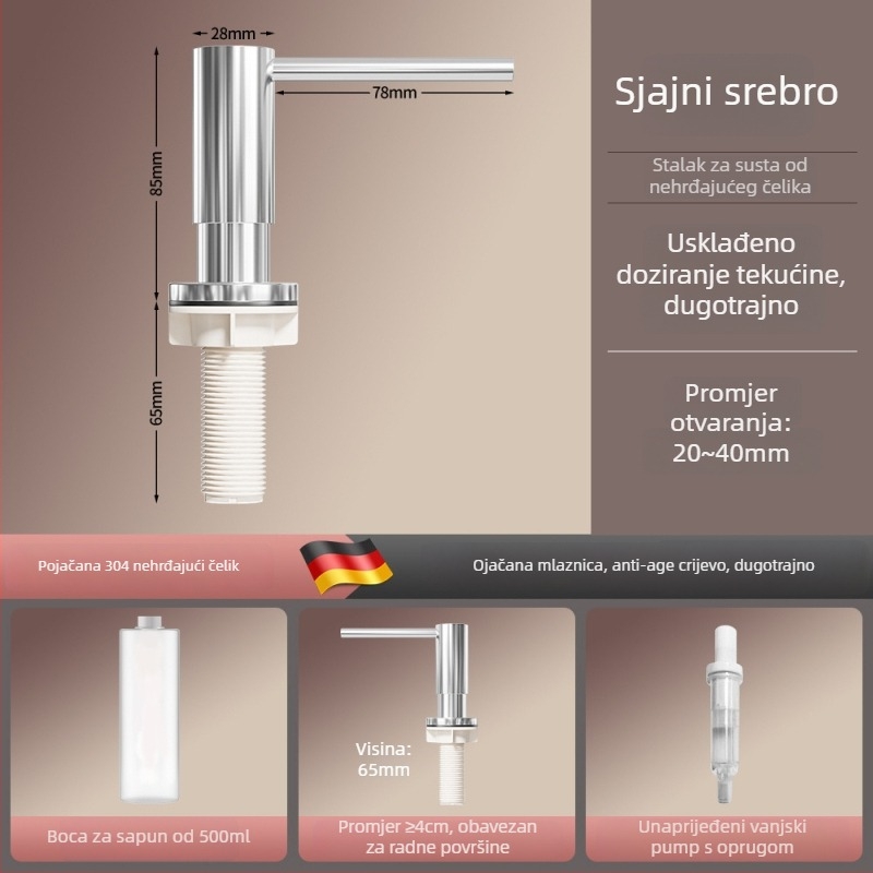 Latunski kuhinjski dozator sapuna s pumpom, brušeni završetak, moderni minimalistički stil, ručno upravljanje