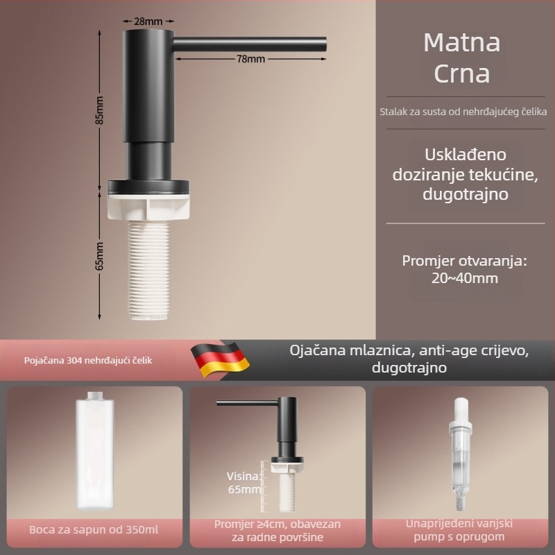 Latunski kuhinjski dozator sapuna s pumpom, brušeni završetak, moderni minimalistički stil, ručno upravljanje