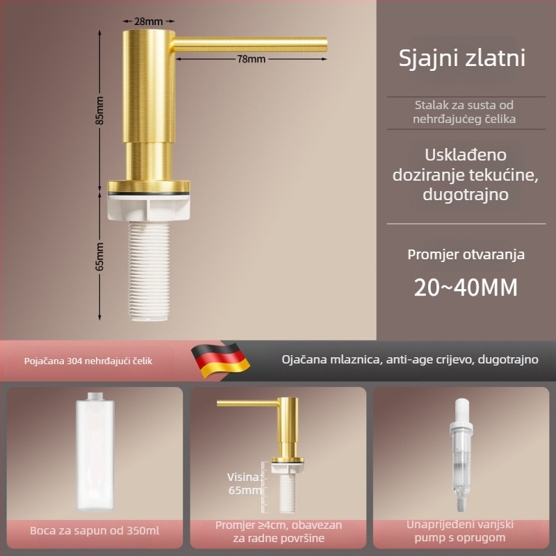 Latunski kuhinjski dozator sapuna s pumpom, brušeni završetak, moderni minimalistički stil, ručno upravljanje