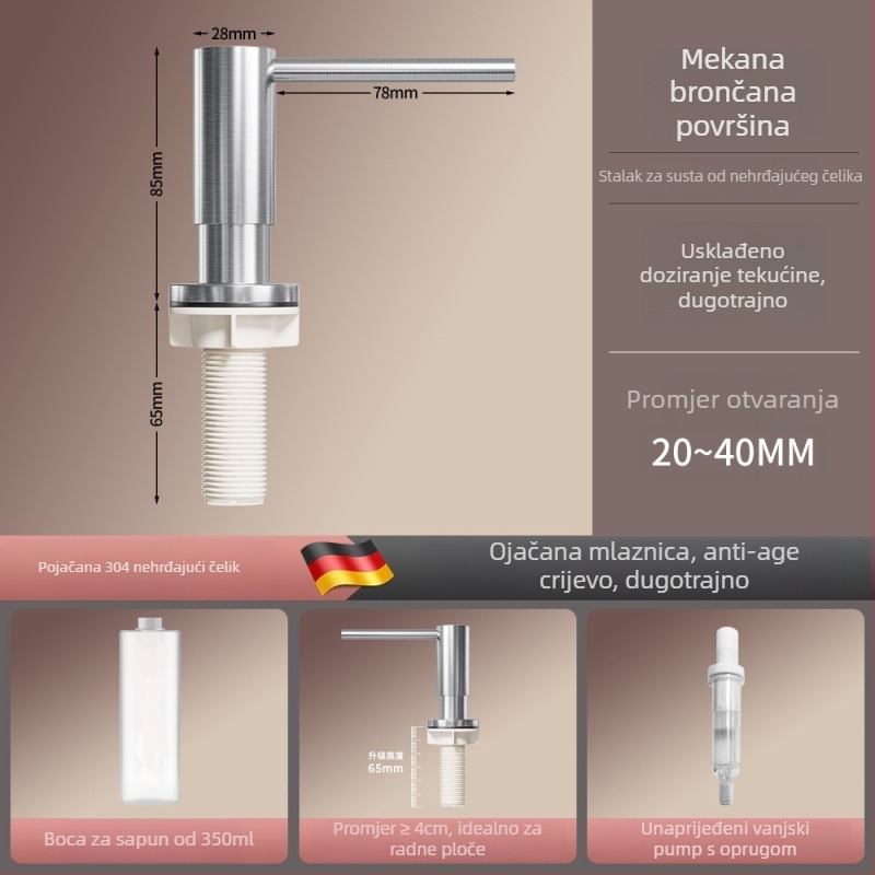 Latunski kuhinjski dozator sapuna s pumpom, brušeni završetak, moderni minimalistički stil, ručno upravljanje