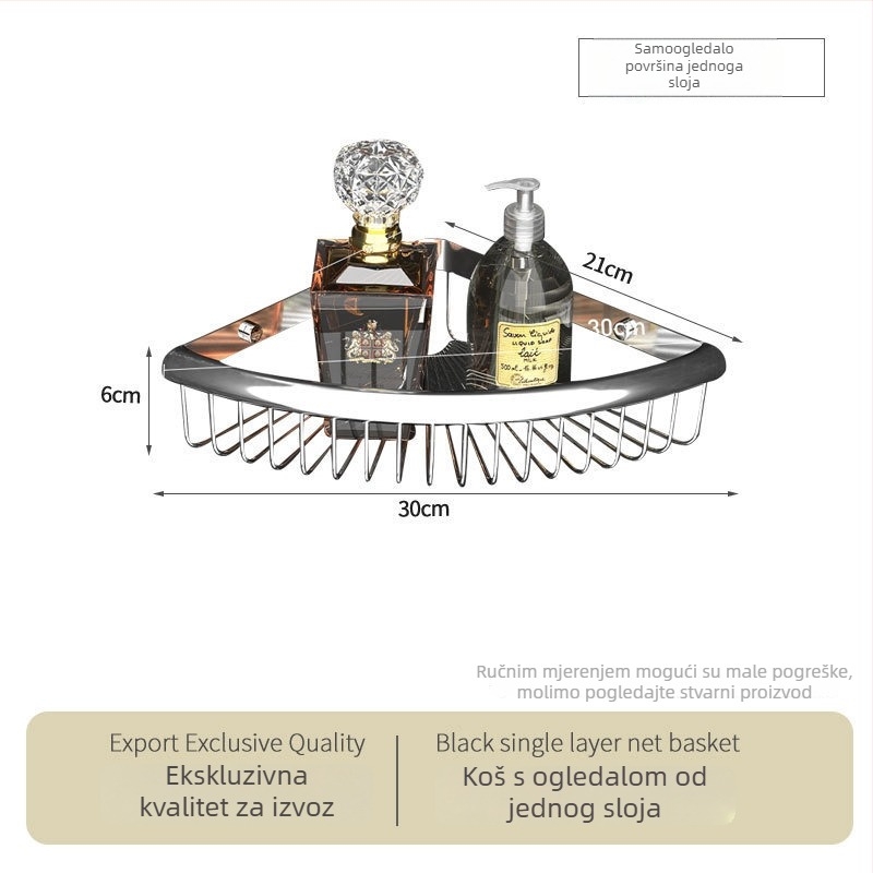 Kupaonski kutni stalak od nehrđajućeg čelika, ogledni završetak, oblik ventilatora, dvostruki sloj, nosivost 5 kg