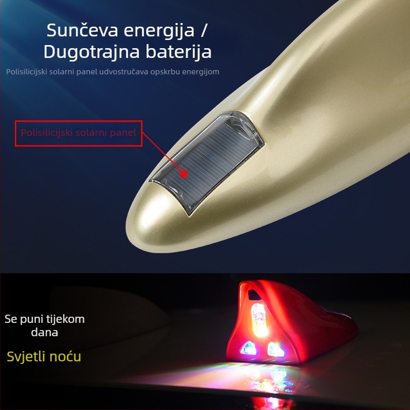 Solarna automobilska antena za automobil u obliku shark fin s LED strob osvjetljenjem, daljinskim upravljačem, montaža ljepilom, univerzalna kompatibilnost