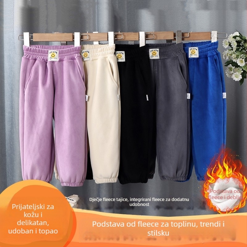 Dječje sportske hlače s flisom, chenille materijal, 90,8% poliester, mekan završetak obrade, srednje visok pojas