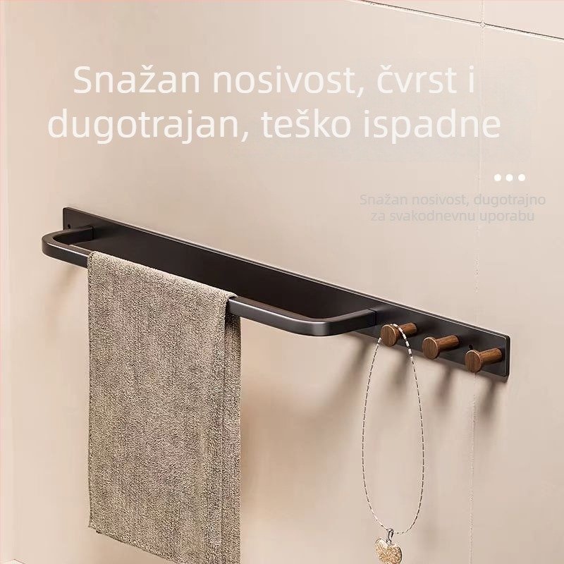 Zidni držač za ručnike s jednom šipkom, drvo + nehrđajući čelik, završna obrada pečenim lakom, nosivost 5 kg, s kukom, moderni minimalistički stil
