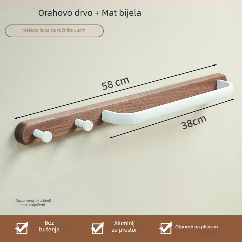 Držač ručnika bez bušenja za kupaonicu - aluminijska legura, završna obrada drveni vosak, nosivost 15 kg