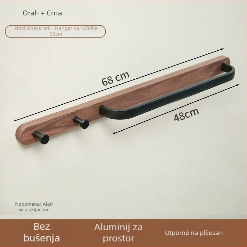 Držač ručnika bez bušenja za kupaonicu - aluminijska legura, završna obrada drveni vosak, nosivost 15 kg