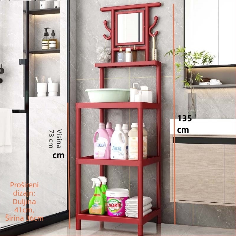 3-stupanjski podni regał za umivaonik s ogledalom, plastike, jednostavan modern dizajn za kupaonu, pomičan, instalacija bez bušenja