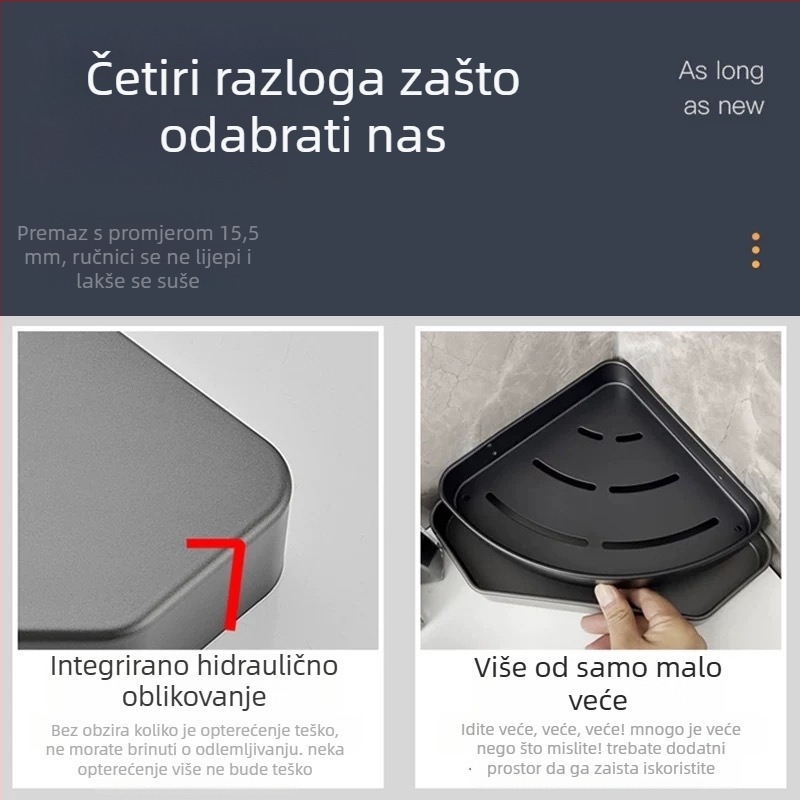Komedan 1020 Dva složni kutni polic od aluminija za kupaonicu, premaz boje, nosivost 5–10 kg, moderni minimalistički stil