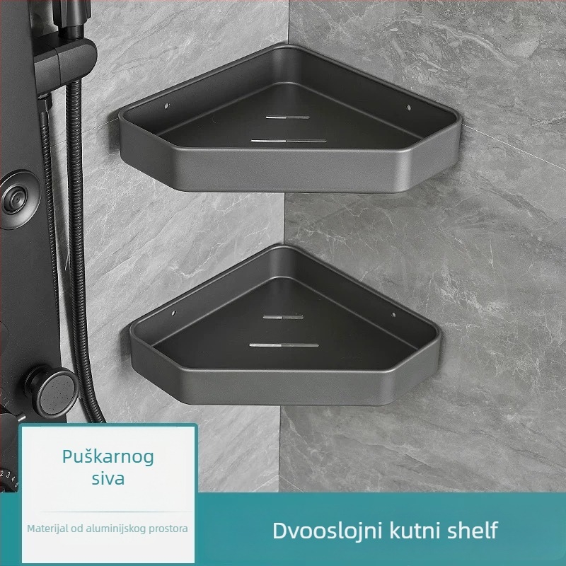 Komedan 1020 Dva složni kutni polic od aluminija za kupaonicu, premaz boje, nosivost 5–10 kg, moderni minimalistički stil