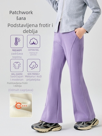 Dječje djevojačke hlače s flis podstavom i širokim krojem, visokim strukom, 60% pamuka, jesen-zima za djecu stariju od 8 godina