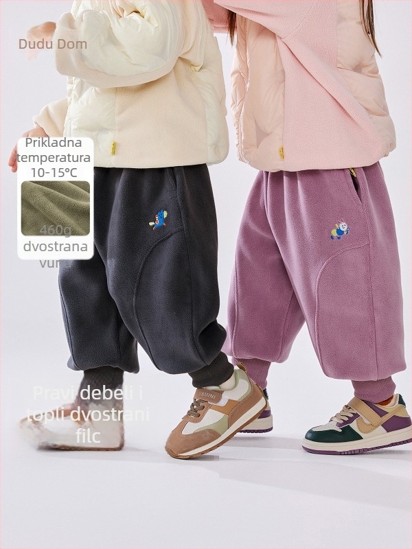 Dudu Home dječje hlače – unisex, flis podstava, jesensko-zimske s karikaturama, elastični pojas, poliester 94%