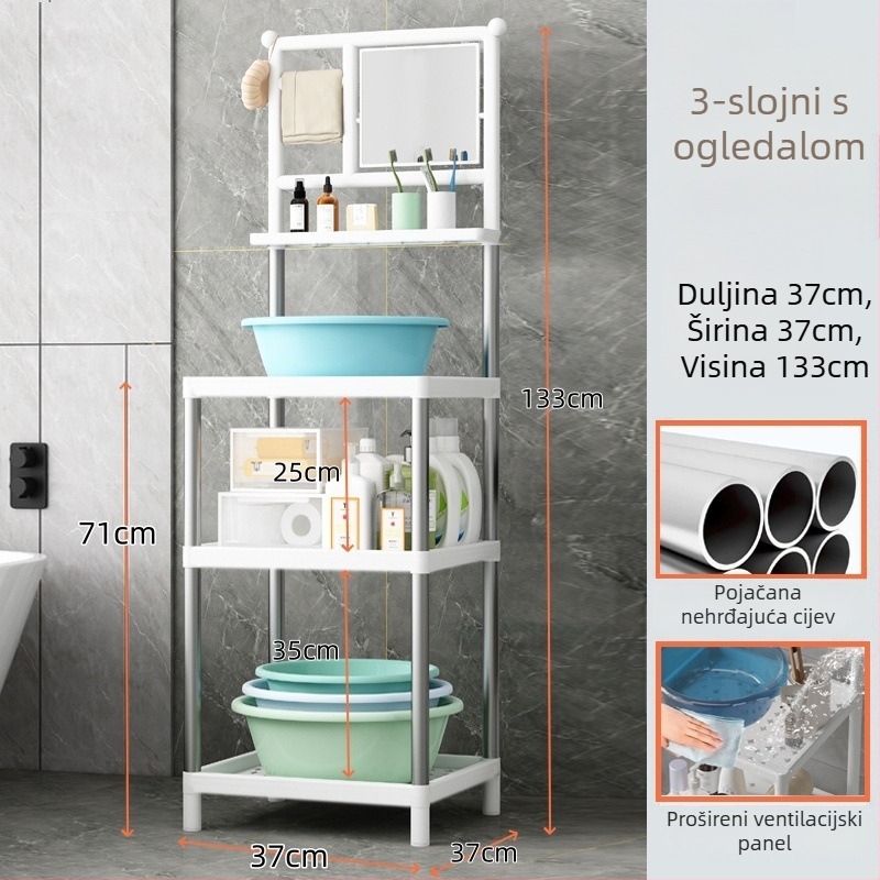 Nerđajući čelični stalak za umivaonik, slobodnostojeći, 3 etaže, s ogledalom, moderno kupaonsko skladište