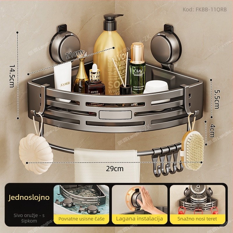 Zidni organizator za kupaonu sa suction cup, trokutasti polic, ABS, model FKBB-11, nosivost 1–5 kg, moderni stil