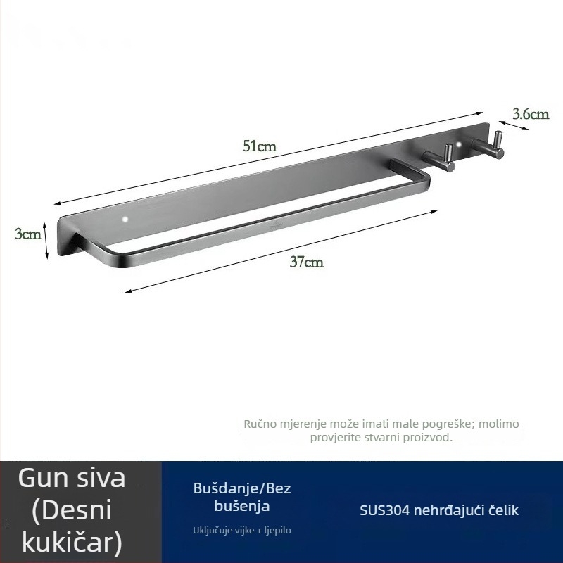 Držač za ručnike od 304 nehrđajućeg čelika, zidni, s jednim rodom, moderni minimalistički stil, nosivost 5 kg