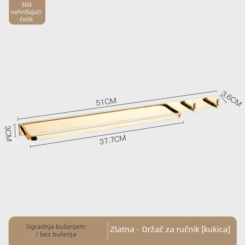 Držač za ručnike od 304 nehrđajućeg čelika, zidni, s jednim rodom, moderni minimalistički stil, nosivost 5 kg