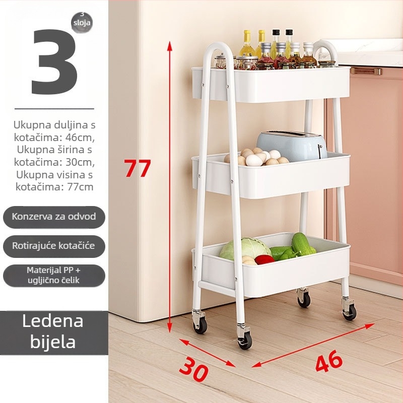 Prijenosni 3-etažni kolica za skladištenje od čeličnog ugljika — pokretna, rotirajuća, za kuhinju, spavaću sobu, šminku i dnevni boravak
