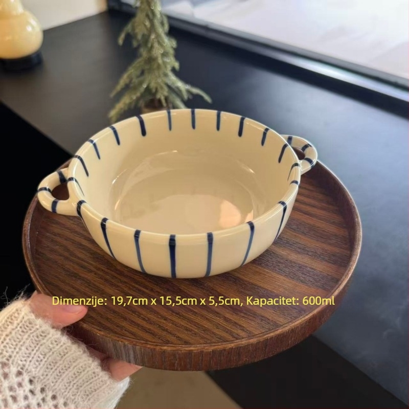 Porcelanska misa, ručno oslikana, japanskog stila, okruglog oblika, s vertikalnim prugama