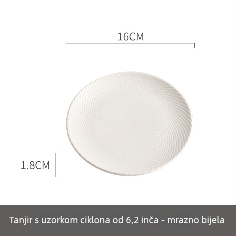 Porculanski tanjur s spiralnim uzorkom, okruglog oblika, mikrovalno siguran, prilagodljiv.