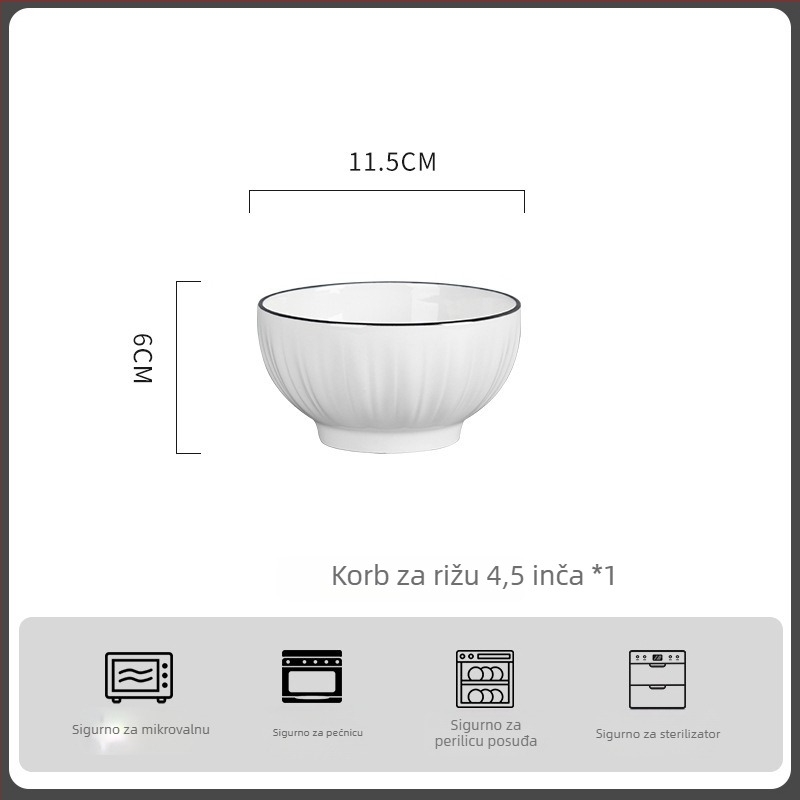 Porcelanski set zdjela - okrugli, moderan minimalistički stil; uključuje zdjelu, zdjelu za rižu, tanjur i štapiće; mikrovalna pogodna; završna obrada ispod glazure.