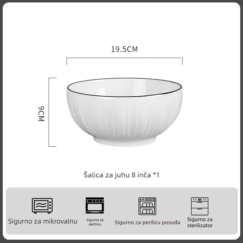 Porcelanski set zdjela - okrugli, moderan minimalistički stil; uključuje zdjelu, zdjelu za rižu, tanjur i štapiće; mikrovalna pogodna; završna obrada ispod glazure.