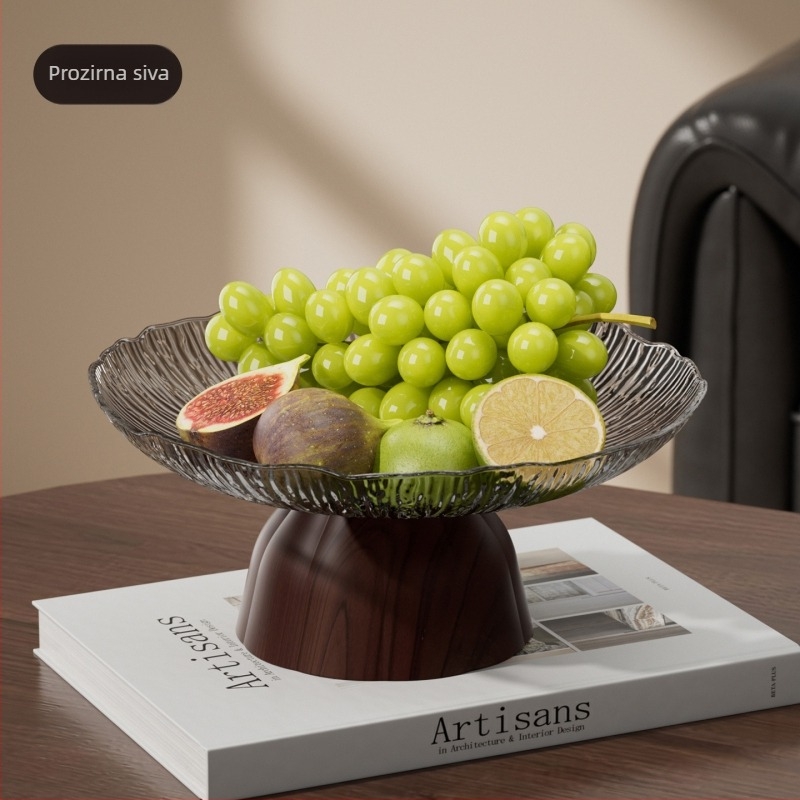 Plastična visoka posuda za voće s bazom od drvne teksture, okrugli tanjur za desert za kućnu prezentaciju užine, svijetlo-luksuzan stil