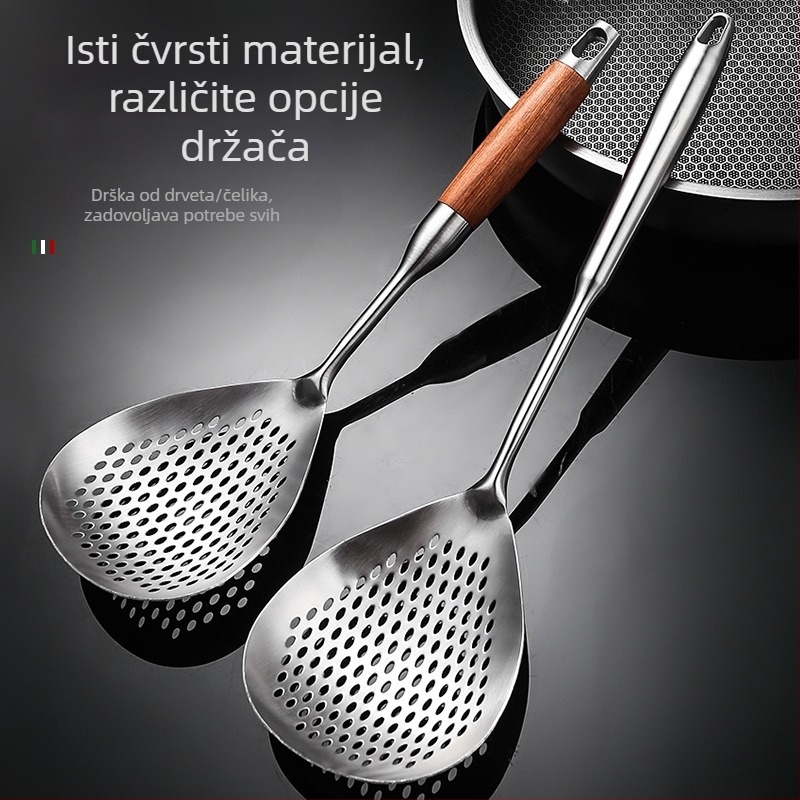 A good family kuhinjska špatula s mrežicom od 201 nehrđajućeg čelika; drška od čelika i drveta; protivlijepljiva, protuklizna, otporna na visoke temperature; pogodna za rezance, knedle i vruće lonce.