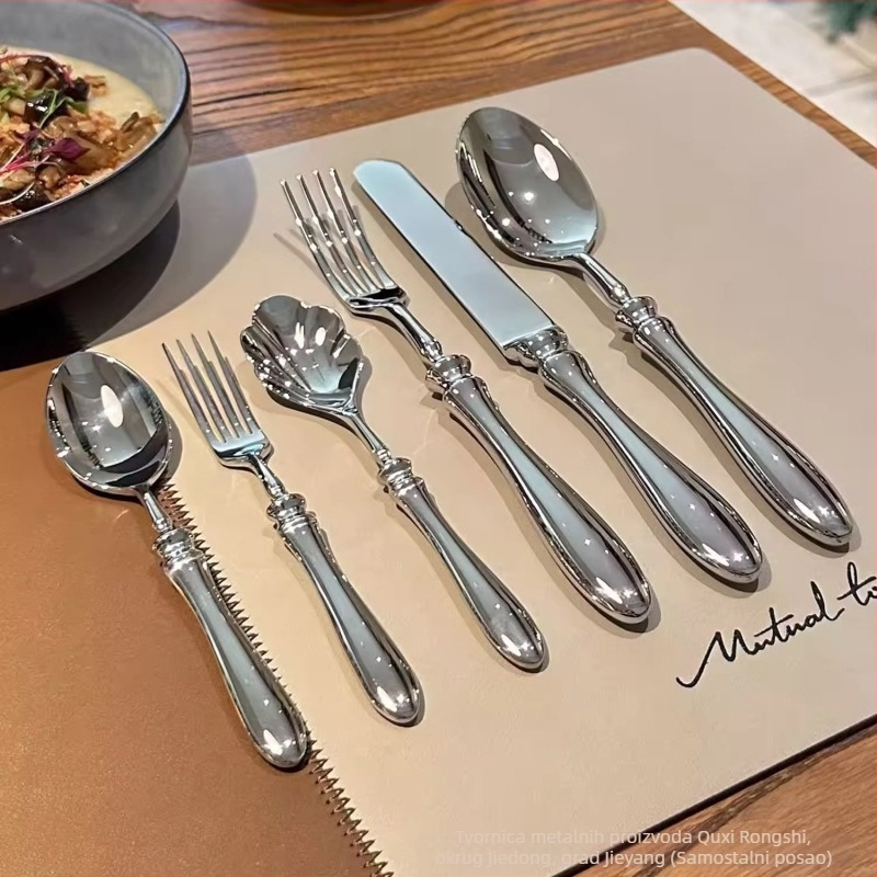 Set nože, vilice i žlice — nehrđajući čelik 304, kovano, drška u obliku tikve, ogledni završetak