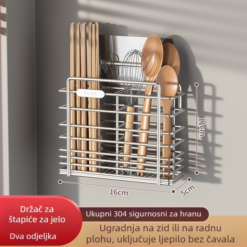 Zidni držač kuhinjskog pribora od 304 nehrđajućeg čelika, držač noževa i spremište za žlice