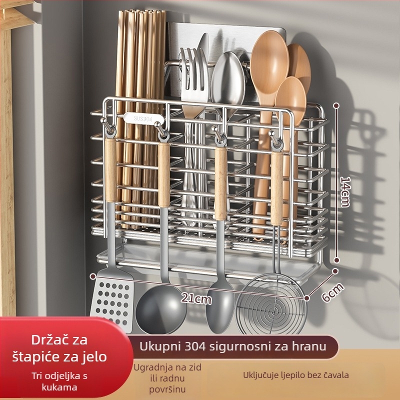 Zidni držač kuhinjskog pribora od 304 nehrđajućeg čelika, držač noževa i spremište za žlice