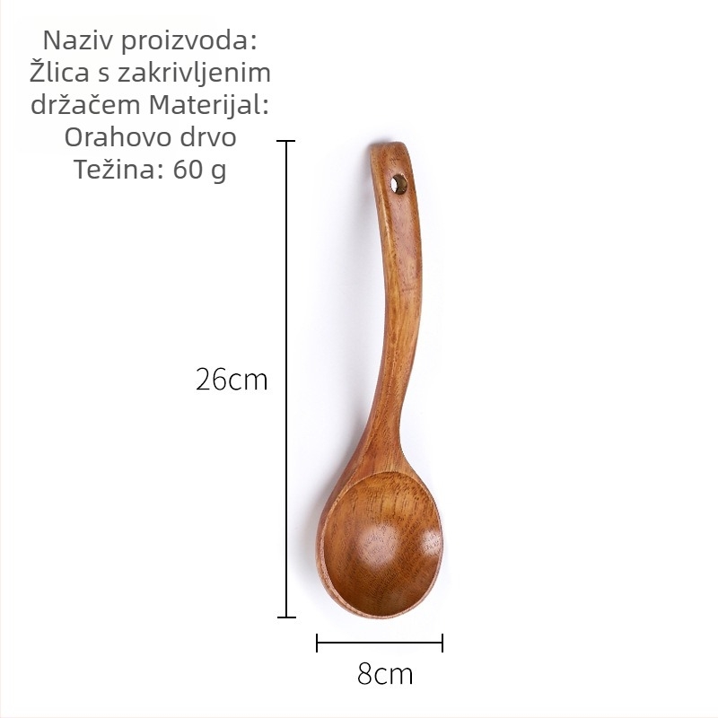 Meiyuehong Komu drvena žlica za juhu, zakrivljeni dugi držak, prirodna šara drveta, japanski stil