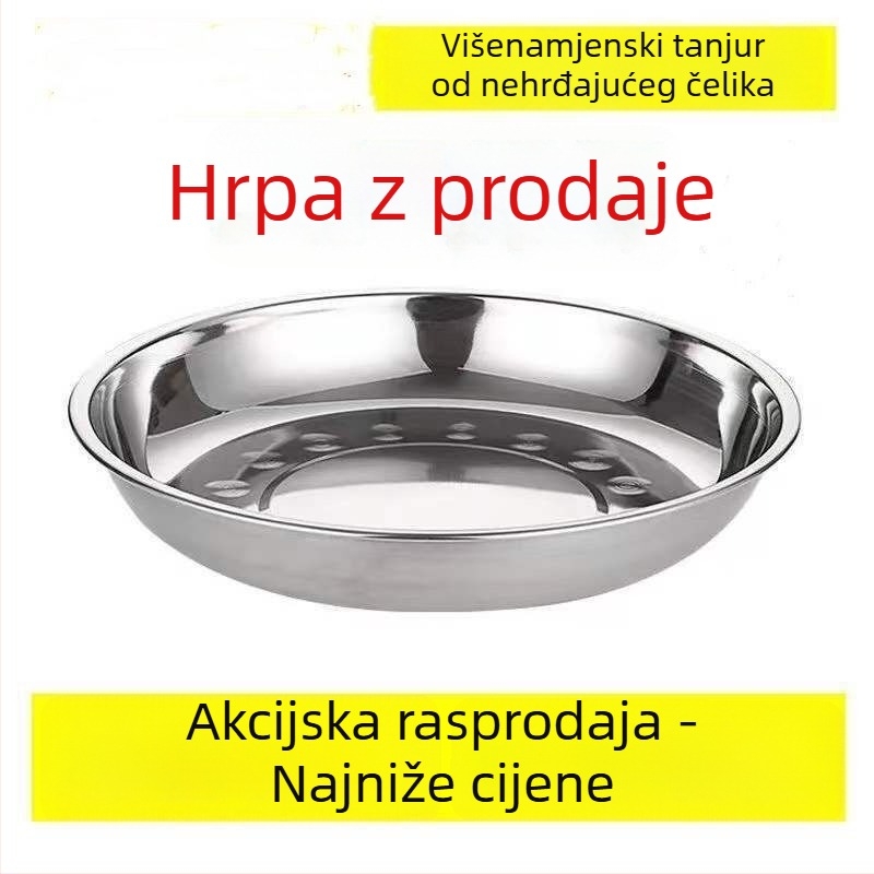 Okrugli duboki tanjur od nehrđajućeg čelika, elektroplatirani završni sloj, pogodan za mikrovalnu pećnicu, mogućnost ispisa logotipa i prilagodba obrade