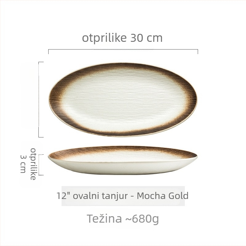 Duboko keramički tanjur, ovalnog oblika, japanski stil, ispod glazure boja, pogodna za mikrovalnu