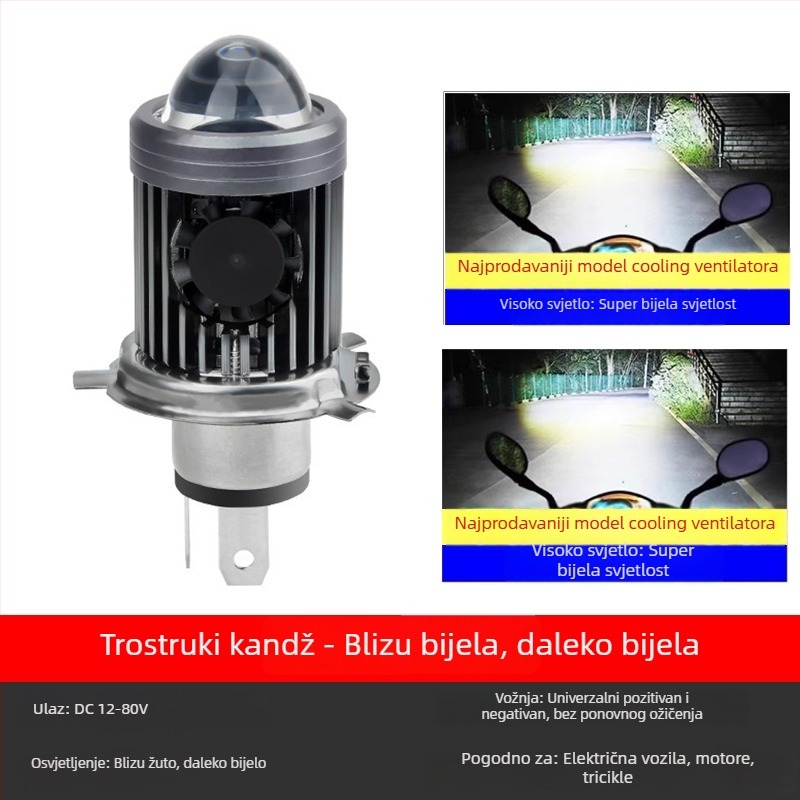 LED prednje svjetlo za motocikl s integriranim visokim i niskim snopom, 100W, 12V DC, aluminijski spoj, univerzalna kompatibilnost