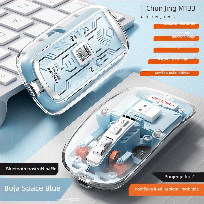M133 Bluetooth miš s tri načina, tih i punjiv, 2400dpi, USB, 5 tipki, 2.4GHz bežično, doseg 10 m