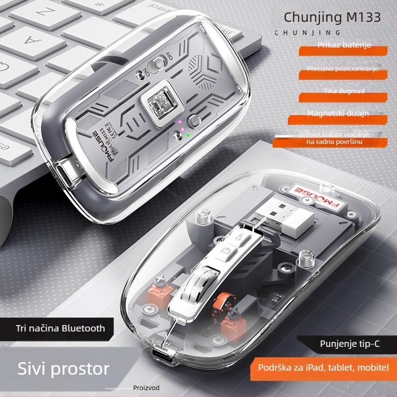 M133 Bluetooth miš s tri načina, tih i punjiv, 2400dpi, USB, 5 tipki, 2.4GHz bežično, doseg 10 m