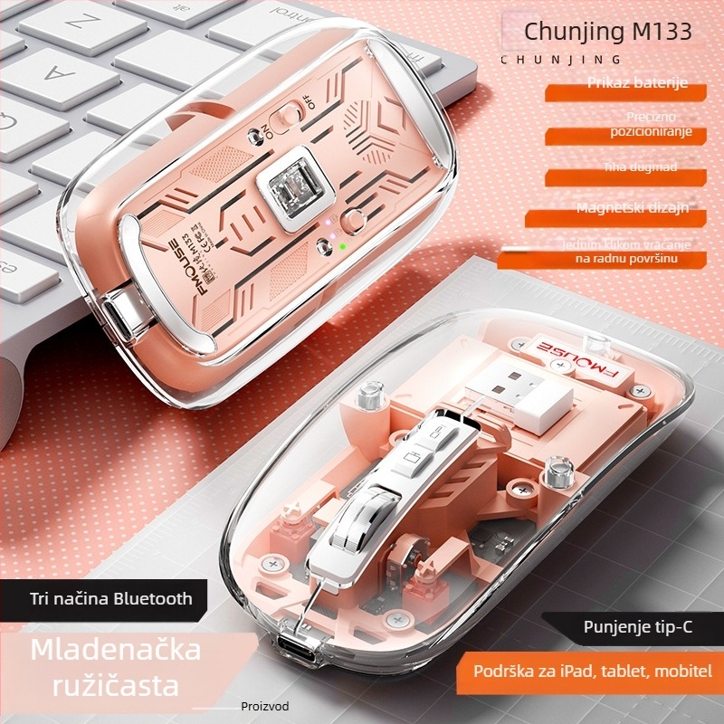 M133 Bluetooth miš s tri načina, tih i punjiv, 2400dpi, USB, 5 tipki, 2.4GHz bežično, doseg 10 m
