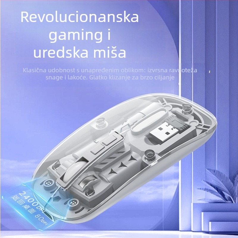 Bežična miša s dvostrukim režimom 2.4G/Bluetooth, tiši gumbi, ponovno punjiva, 1400dpi, 5 tipki