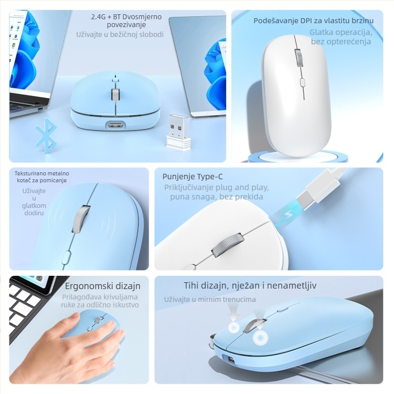 Bežični miš s dualnim načinom 2.4G/Bluetooth, 1600 DPI, USB sučelje, ponovno se puni