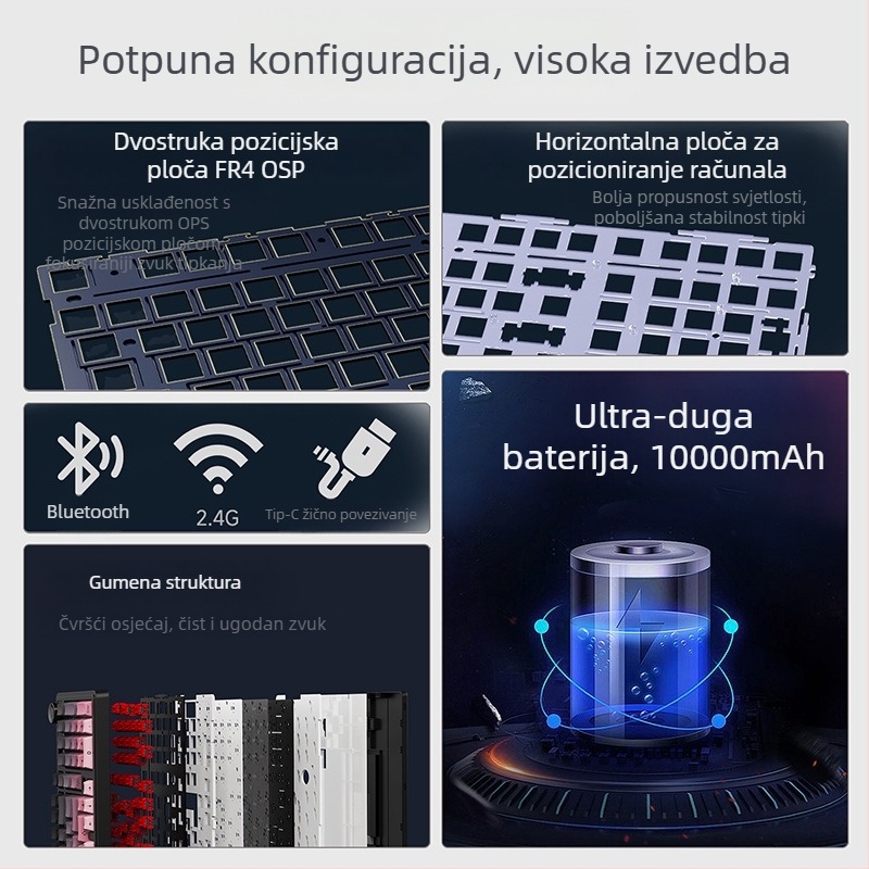 Ak980 V2 mehanička tipkovnica, 98 tipki, tri načina povezivanja, 10000mAh baterija, kompatibilna s do 3 uređaja