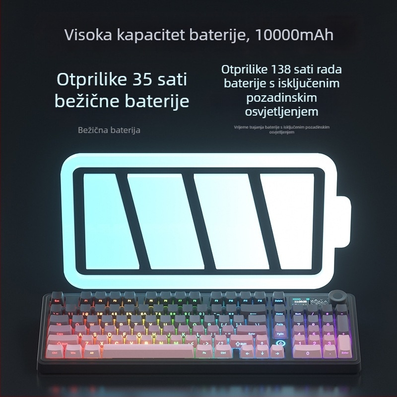 Ak980 V2 mehanička tipkovnica, 98 tipki, tri načina povezivanja, 10000mAh baterija, kompatibilna s do 3 uređaja