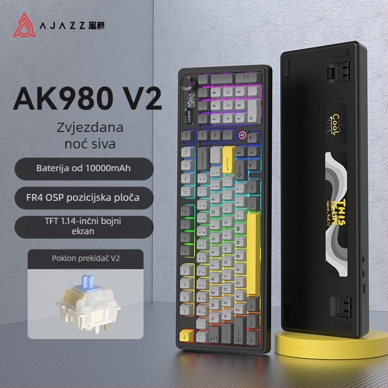 Ak980 V2 mehanička tipkovnica, 98 tipki, tri načina povezivanja, 10000mAh baterija, kompatibilna s do 3 uređaja